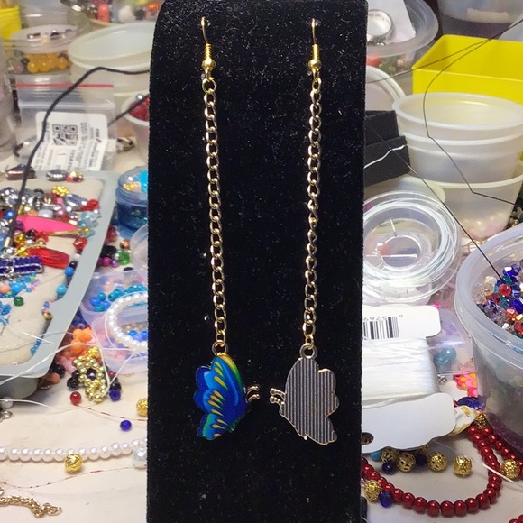 BUTTERFLIES … blue and gold metal earrings Handcrafted/home made ... BE-1 - Picture 4 of 9
